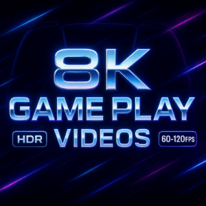 8K Game Play Videos – Neon HDR YouTube Playlist Cover (60–120 FPS Theme)